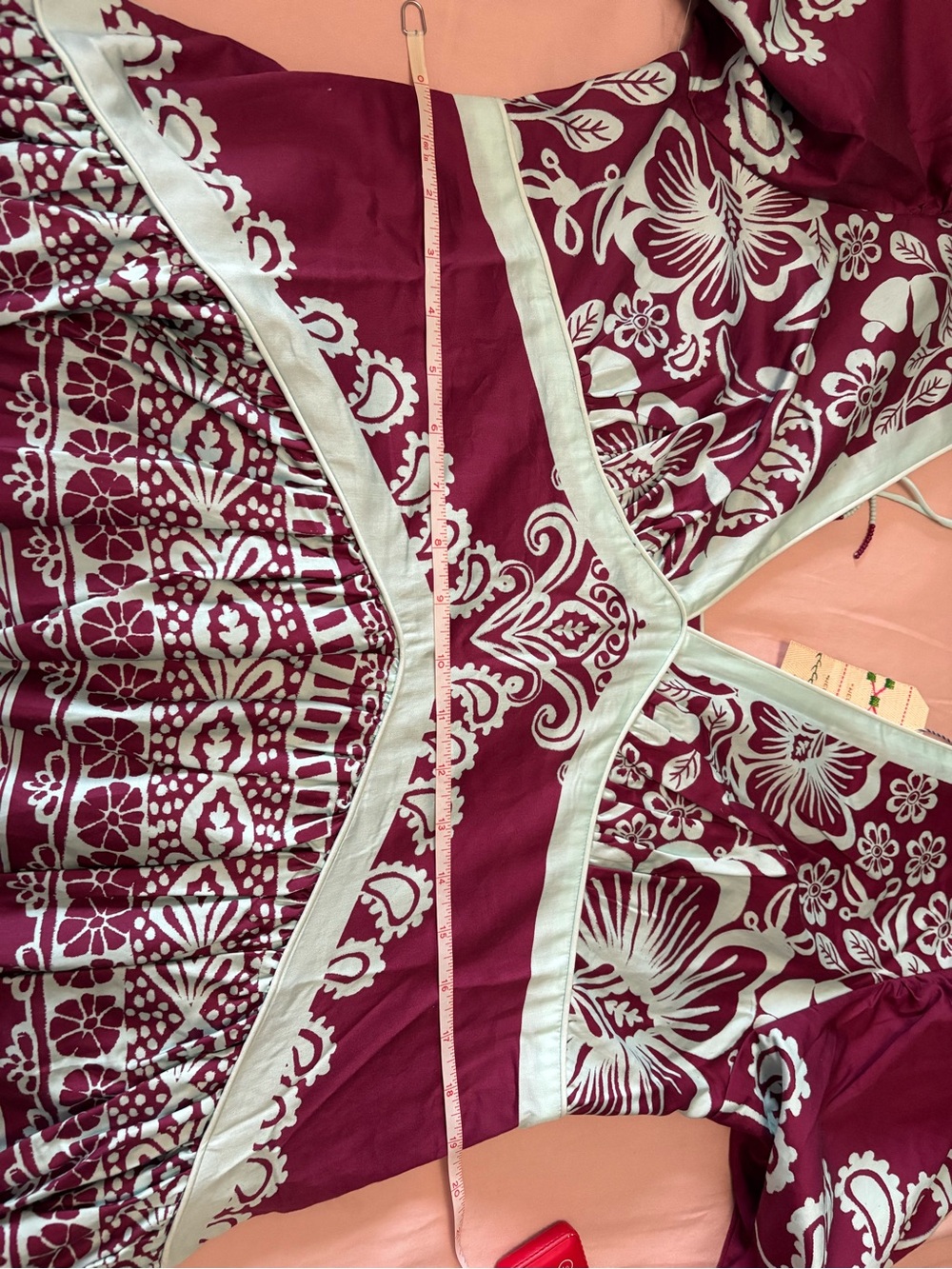 FARM Rio X Anthropologie Burgundy and Blue V-Neck Puff-Sleeve Midi/Maxi Dress - Picture 16 of 16